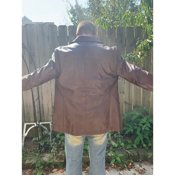 VTG London Fog Brown Leather Coat Men’s 42 Reg Zip Out Faux Fur Liner, Long Coat - Picture 2 of 13